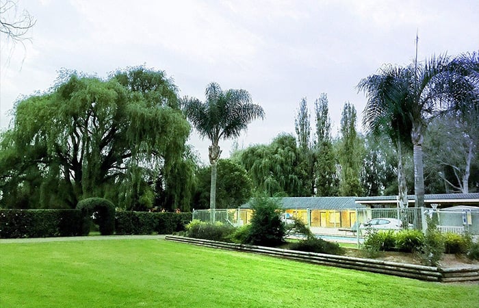 A wide shot of a lush, green outdoor area under a bright sky.